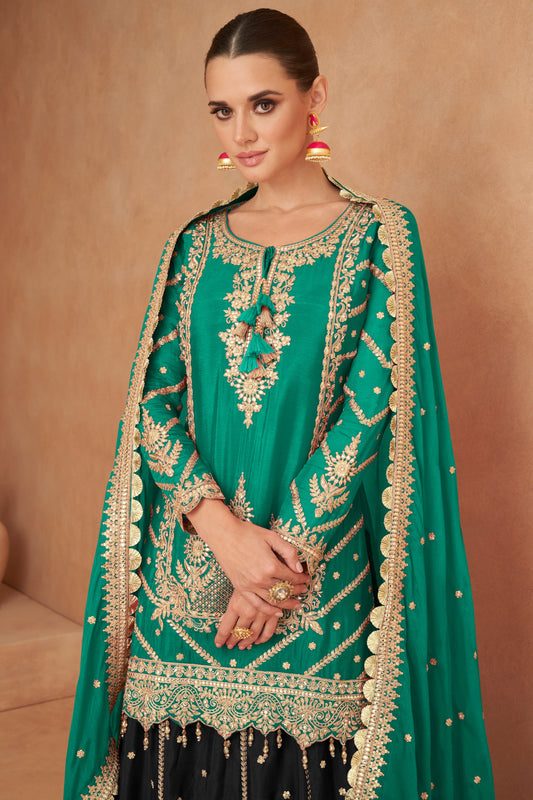 Green Readymade Chinon Skirt Suit with Mirror Embroidery -SS510_2_SareeButa.com