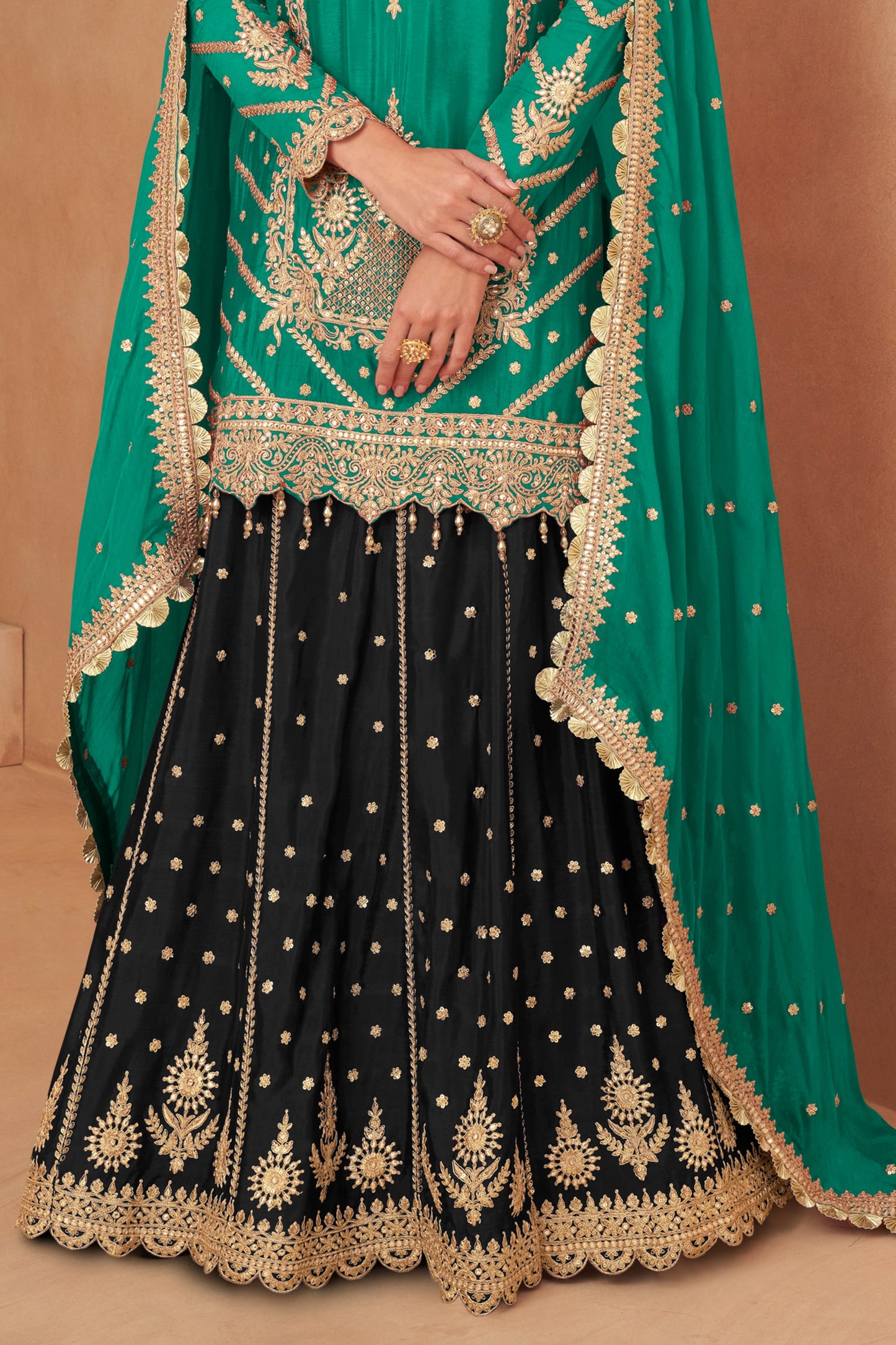 Green Readymade Chinon Skirt Suit with Mirror Embroidery -SS510_3_SareeButa.com