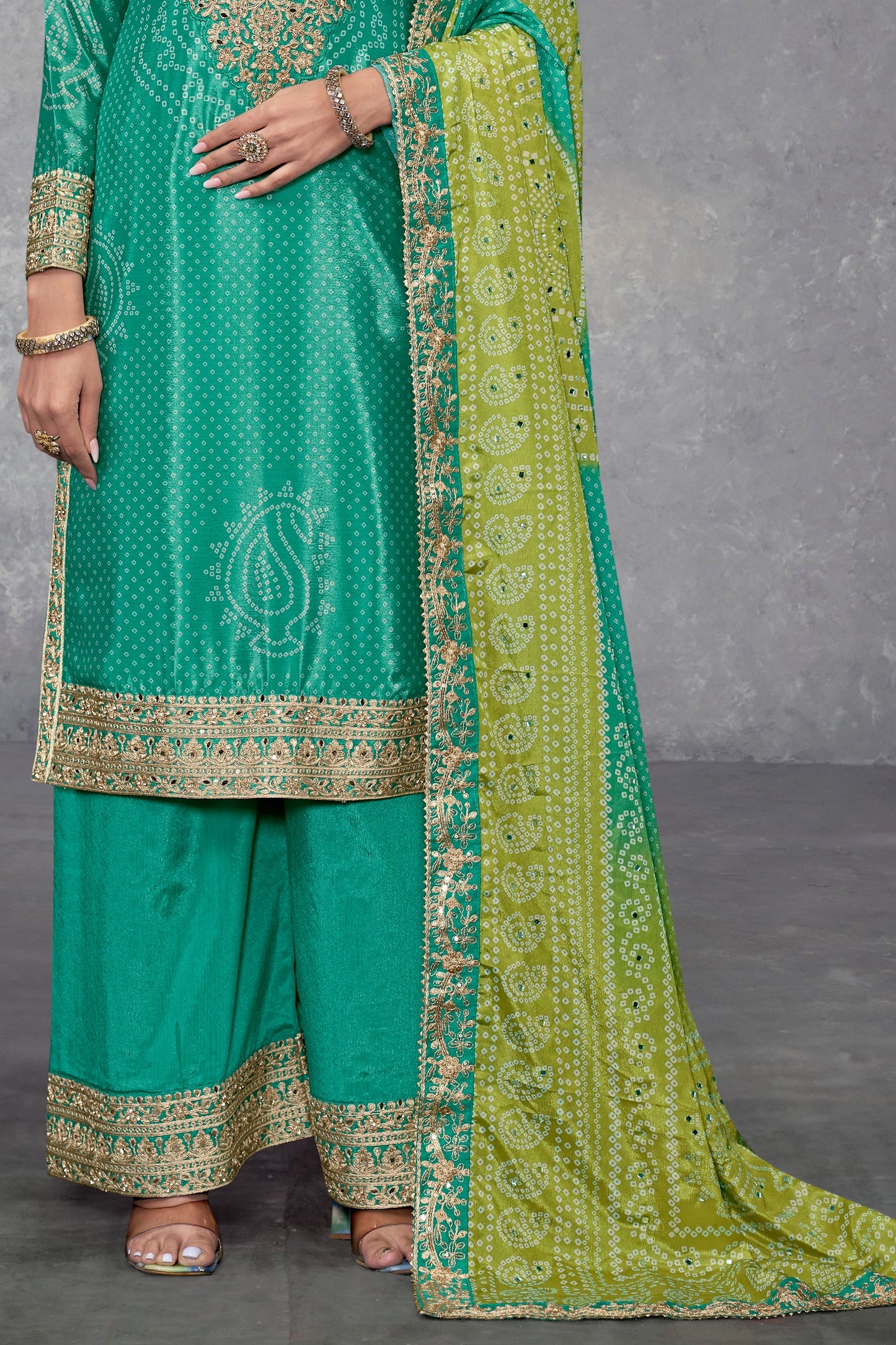 Green Readymade Chinon Suit With Bandhej Print-SS531_3_SareeButa.com