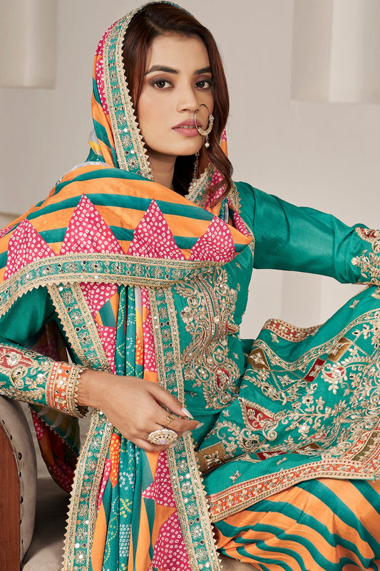 Green Readymade Chinon Suit With Tulip Pants-SS164_2_SareeButa.com