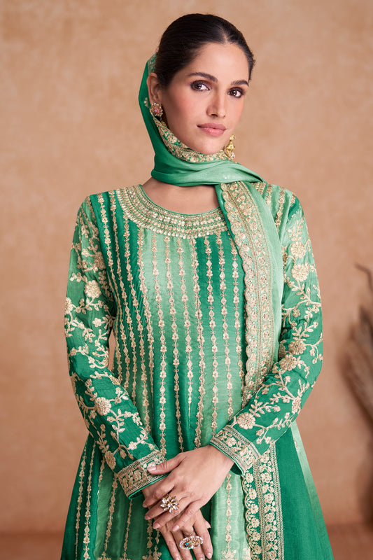 Green Readymade Embroidered Chinon A-line Suit-SAR10796_2_SareeButa.com