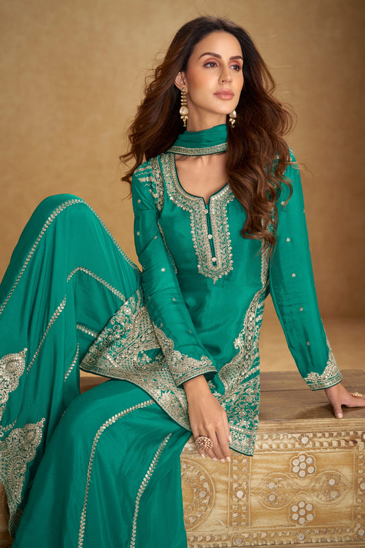 Green Readymade Embroidered Chinon Palazzo Suit-SAR11521_2_SareeButa.com