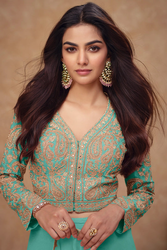 Green Readymade Embroidered Silk Palazzo Set-SAR10522_2_SareeButa.com