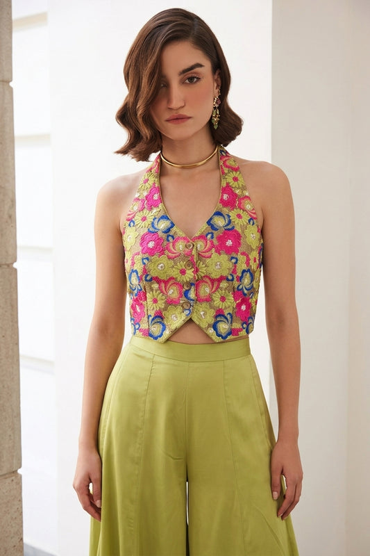 Green Readymade Embroidered Silk Palazzo Set-SAR12767_2_SareeButa.com