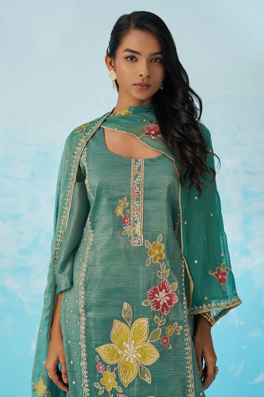Green Readymade Embroidered Silk Suit-SAR11645_2_SareeButa.com