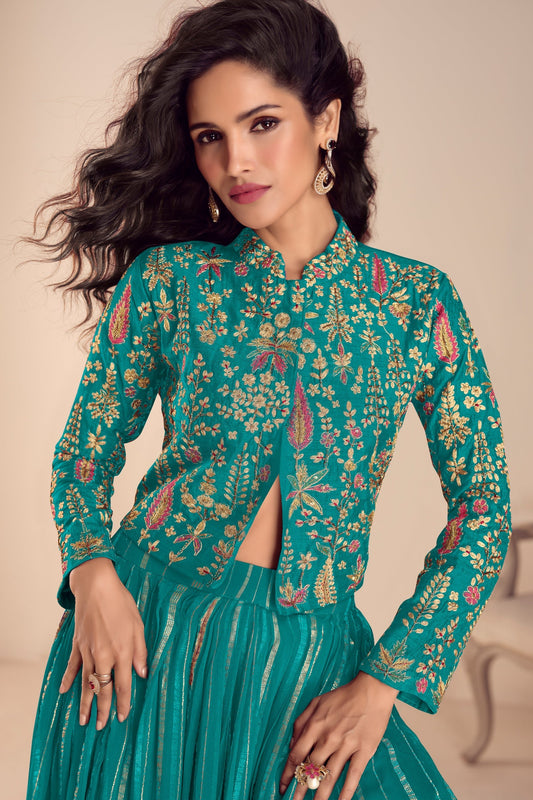 Green Readymade Embroidered Skirt Set-SAR11689_2_SareeButa.com