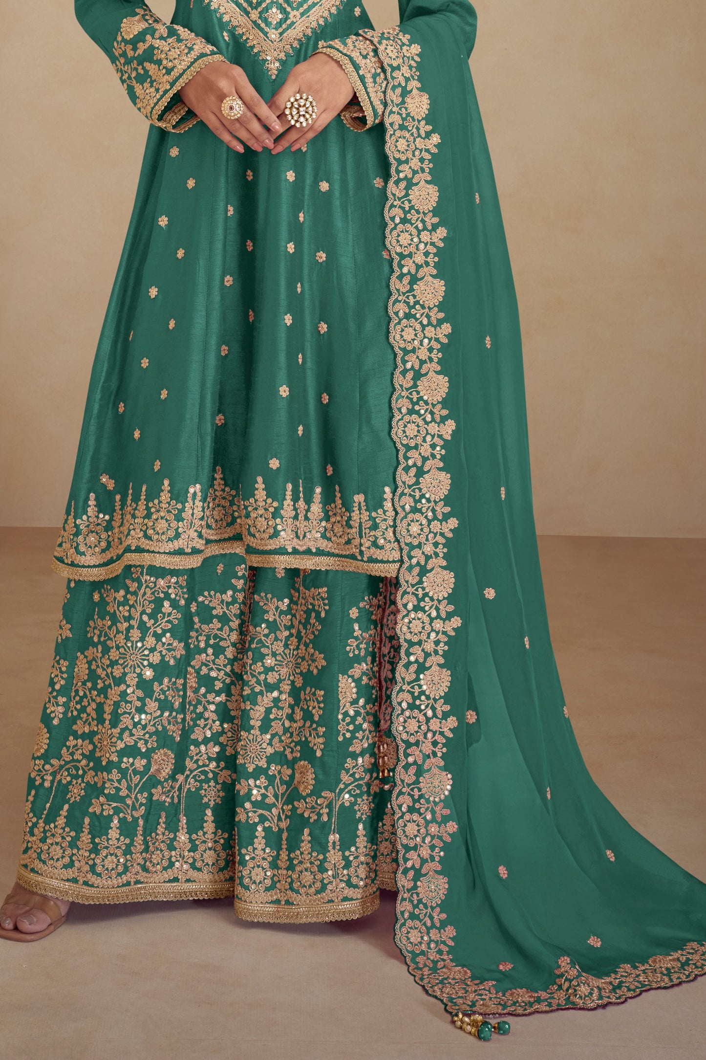 Green Readymade Heavy Work Chinon A-line Suit-SS524_3_SareeButa.com