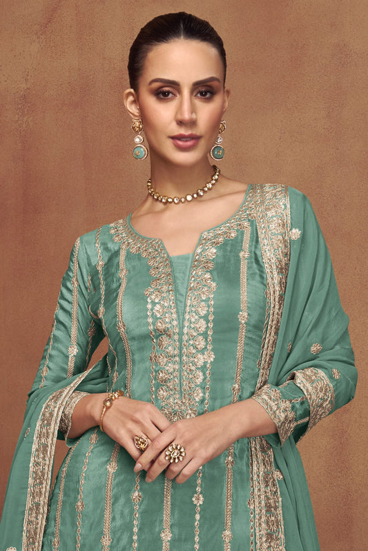 Green Readymade Heavy Work Embroidered Silk Suit-SS659_2_SareeButa.com