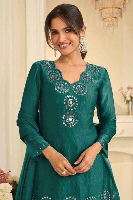 Green Readymade Mirror Work Silk A-line Suit-SAR12165_2_SareeButa.com