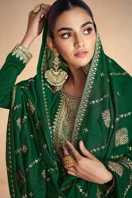 Green Readymade Silk Gown with Dupatta-SS578_2_SareeButa.com
