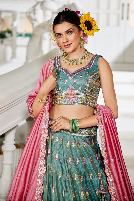 Green Readymade Embroidered Tissue Silk Lehenga-SAR10060_2_SareeButa.com