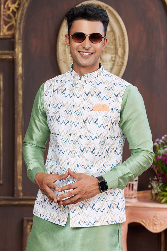 Green Silk Kurta Pajama with Jacket-MW29_2_SareeButa.com