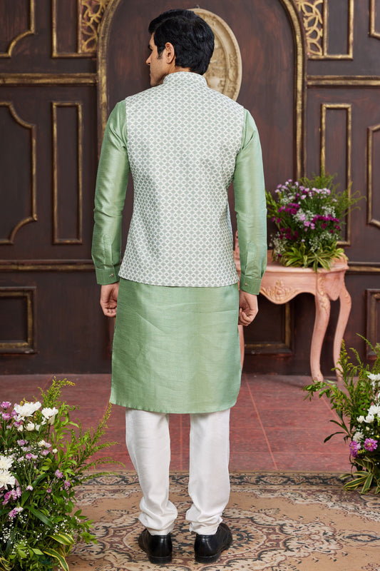 Green Silk Kurta Pajama with Jacket-MW79_2_SareeButa.com