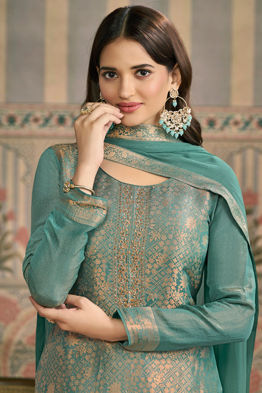 Green Viscose Jacquard Suit-SAR11508_2_SareeButa.com