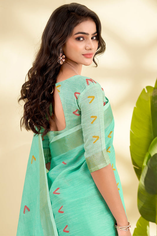 Green Woven Linen Silk Saree-SAR10012_2_SareeButa.com