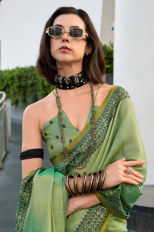 Green Woven Linen Tissue Saree-ZB134371_2_SareeButa.com
