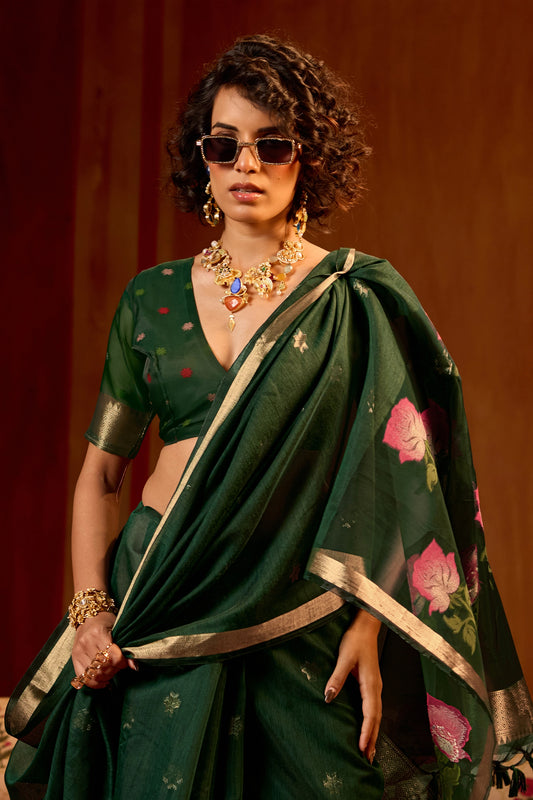 Green Woven Munga Cotton Saree-SAR11935_2_SareeButa.com