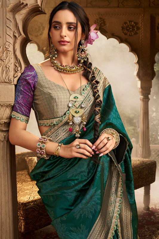 Green Woven Silk Saree With Lace Border-ZB134625_2_SareeButa.com