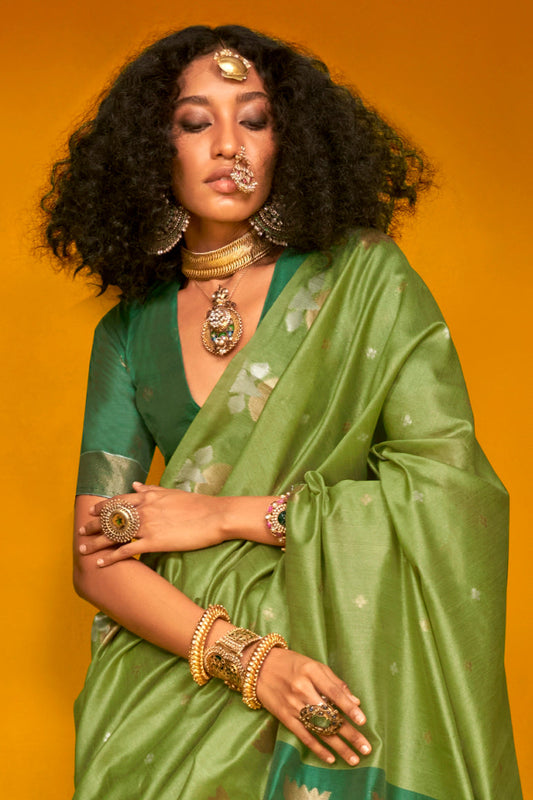 Green Woven Tussar Silk Saree-ZB133742_2_SareeButa.com