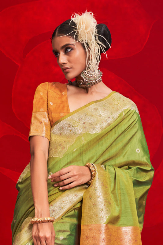 Green Woven Tussar Silk Saree-ZB134052_2_SareeButa.com