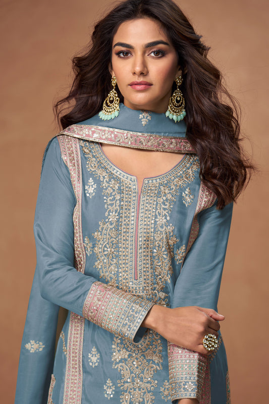 Grey Embroidered Organza Silk Readymade Suit-SS171_2_SareeButa.com