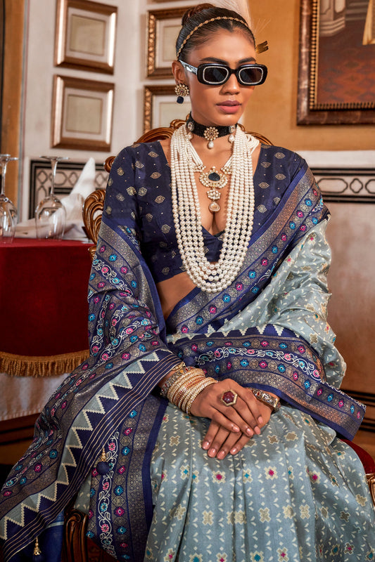 Grey Printed Patola Silk Saree-ZB133123_2_SareeButa.com