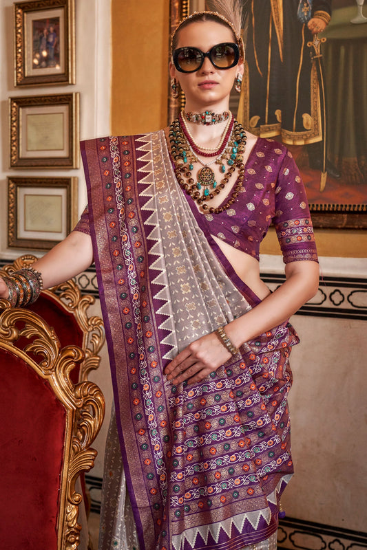 Grey Printed Patola Silk Saree-ZB133150_2_SareeButa.com