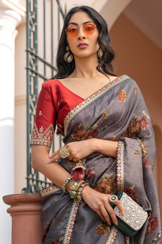 Grey Printed Viscose Silk Saree with Lace Border-ZB134632_2_SareeButa.com