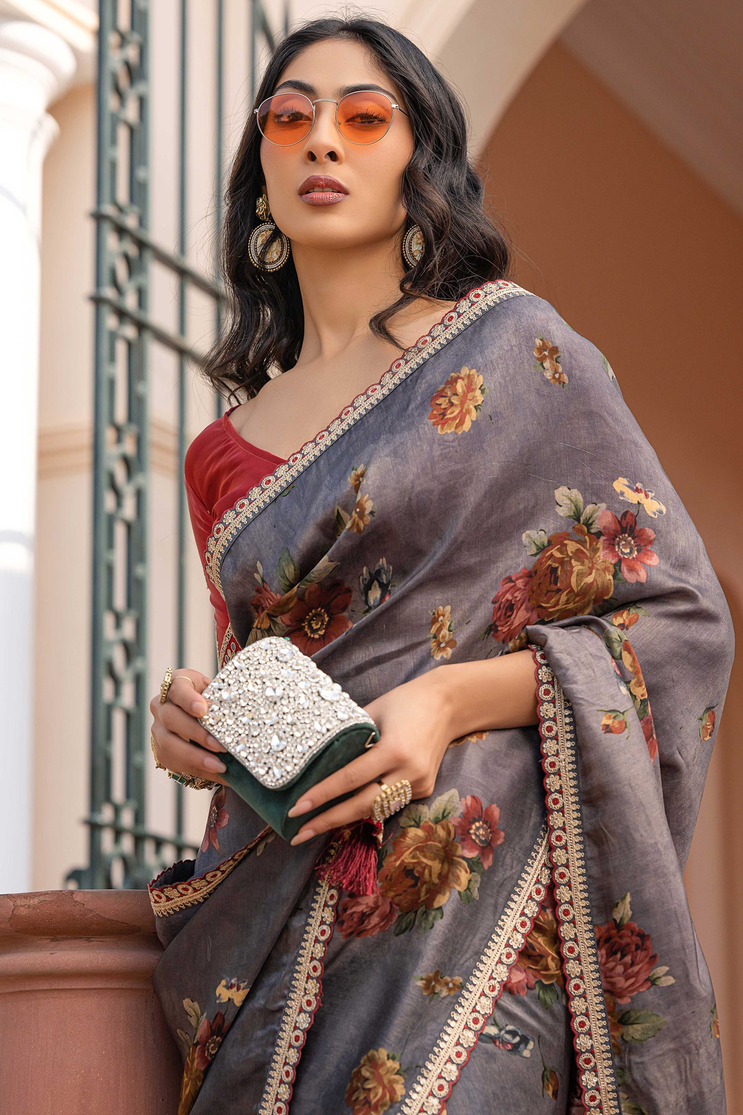 Grey Printed Viscose Silk Saree with Lace Border-ZB134632_4_SareeButa.com