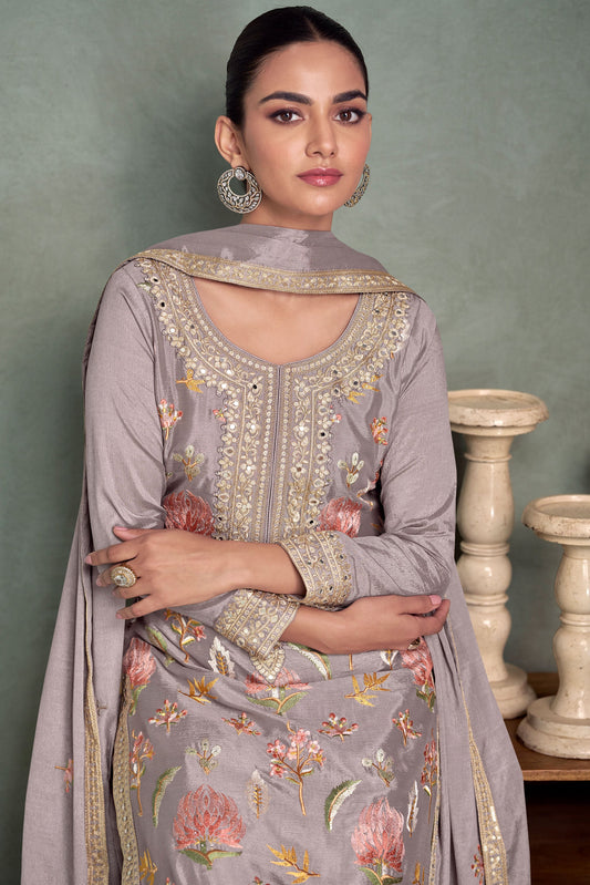 Grey Readymade Heavy Work Chinon Silk Suit-SS254_2_SareeButa.com