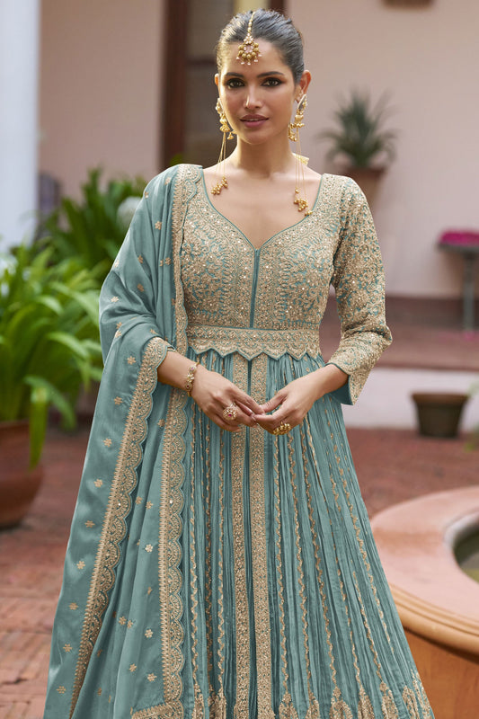 Grey Readymade Heavy Work Chinon Skirt Suit-SS939_2_SareeButa.com