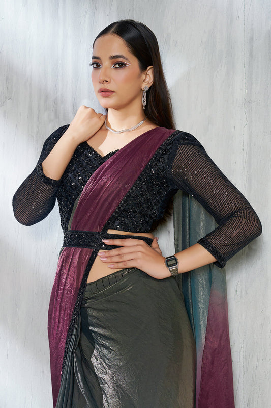 Grey And Wine Satin Silk Readymade Saree-SAR11135_2_SareeButa.com