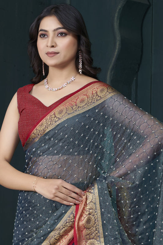 Grey Bead Work Jacquard Saree-ZB134214_2_SareeButa.com