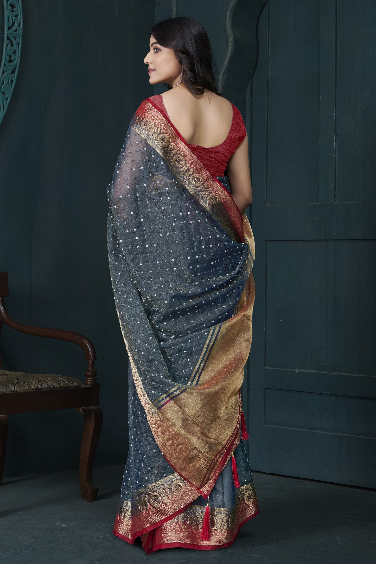 Grey Bead Work Jacquard Saree-ZB134214_4_SareeButa.com