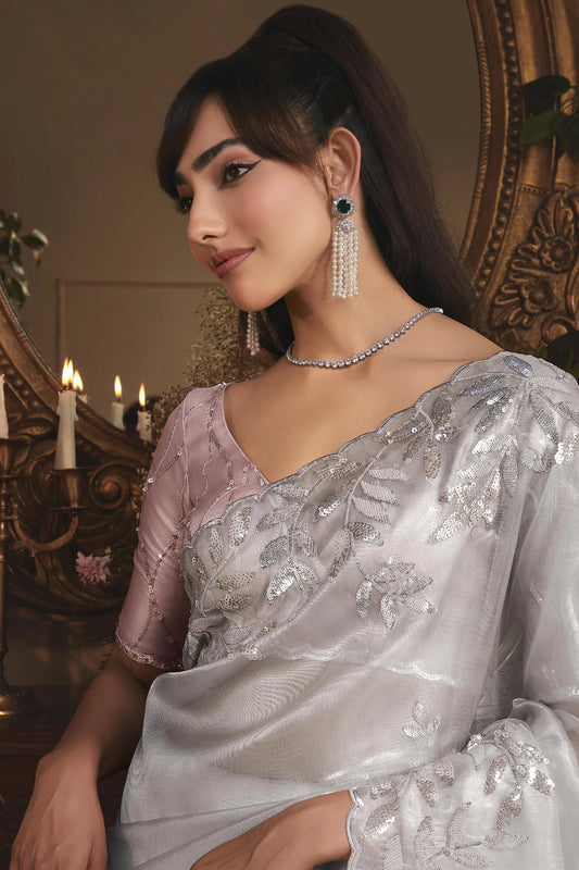 Grey Embroidered Tissue Organza Saree-SAR10242_2_SareeButa.com