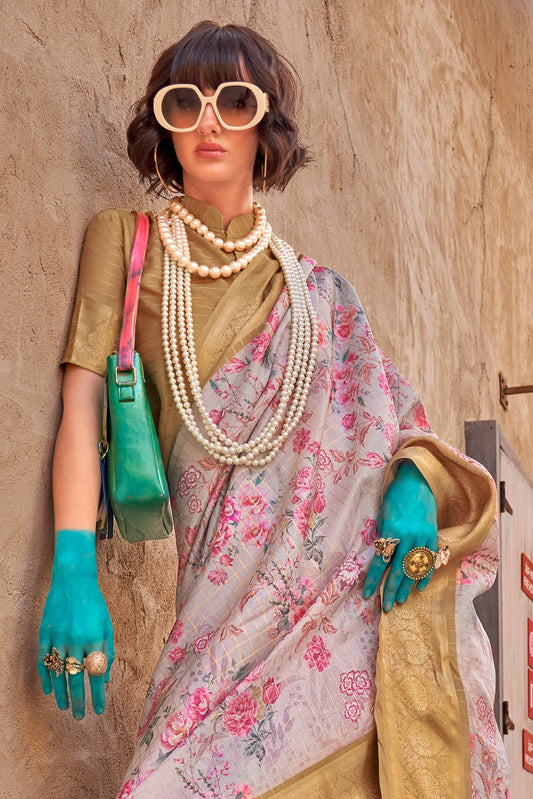 Grey Printed Georgette Saree with Jacquard Border-ZB133534_2_SareeButa.com