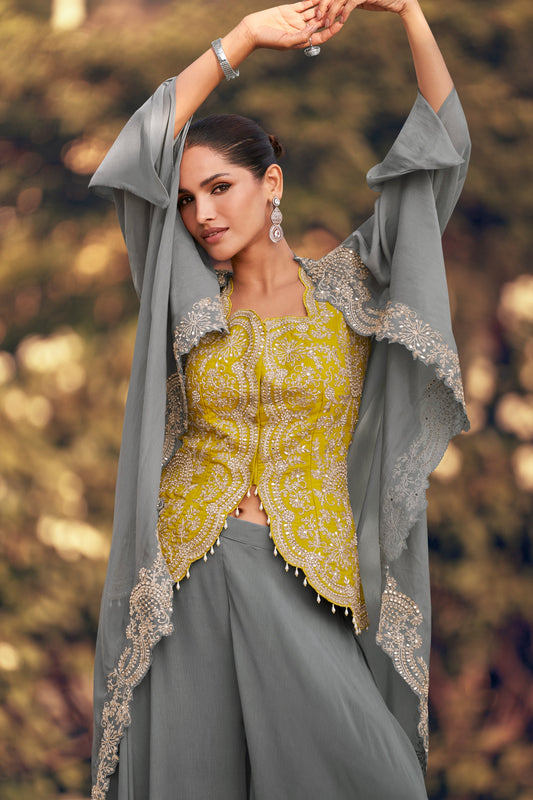 Grey Readymade Chinon Palazzo Set with Shrug-SS804_2_SareeButa.com