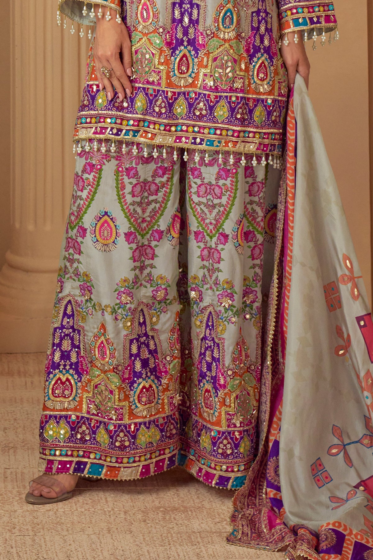 Grey Readymade Embroidered Satin Crepe Palazzo Suit-SAR11547_5_SareeButa.com