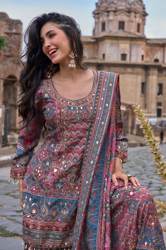 Grey Readymade Embroidered Satin Crepe Palazzo Suit-SAR13236_2_SareeButa.com