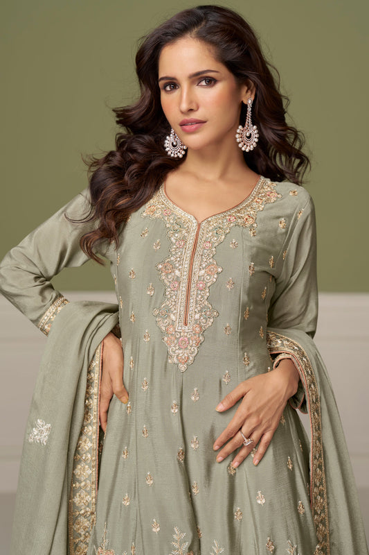 Grey Readymade Heavy Work Chinon A-line Suit-SS884_2_SareeButa.com