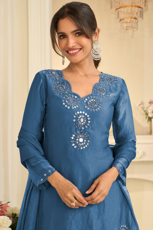 Grey Readymade Mirror Work Silk A-line Suit-SAR12163_2_SareeButa.com