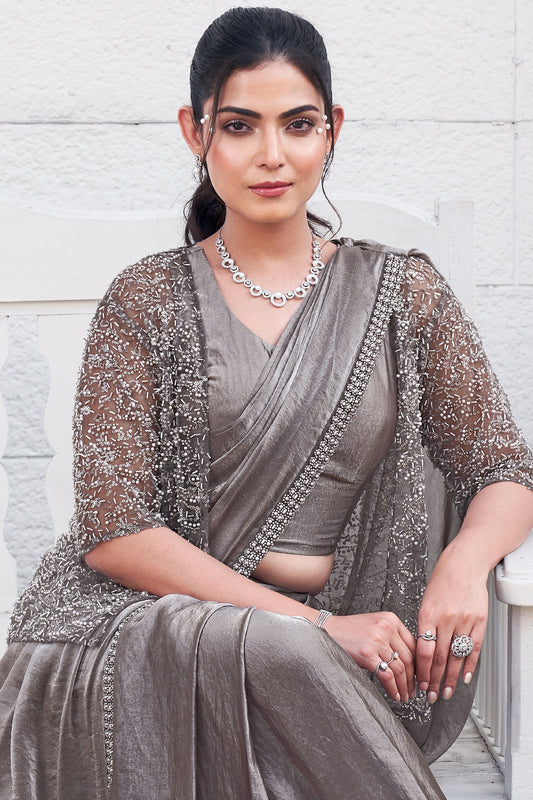 Grey Satin Silk Readymade Saree with Stitched Blouse-ZB133987_2_SareeButa.com