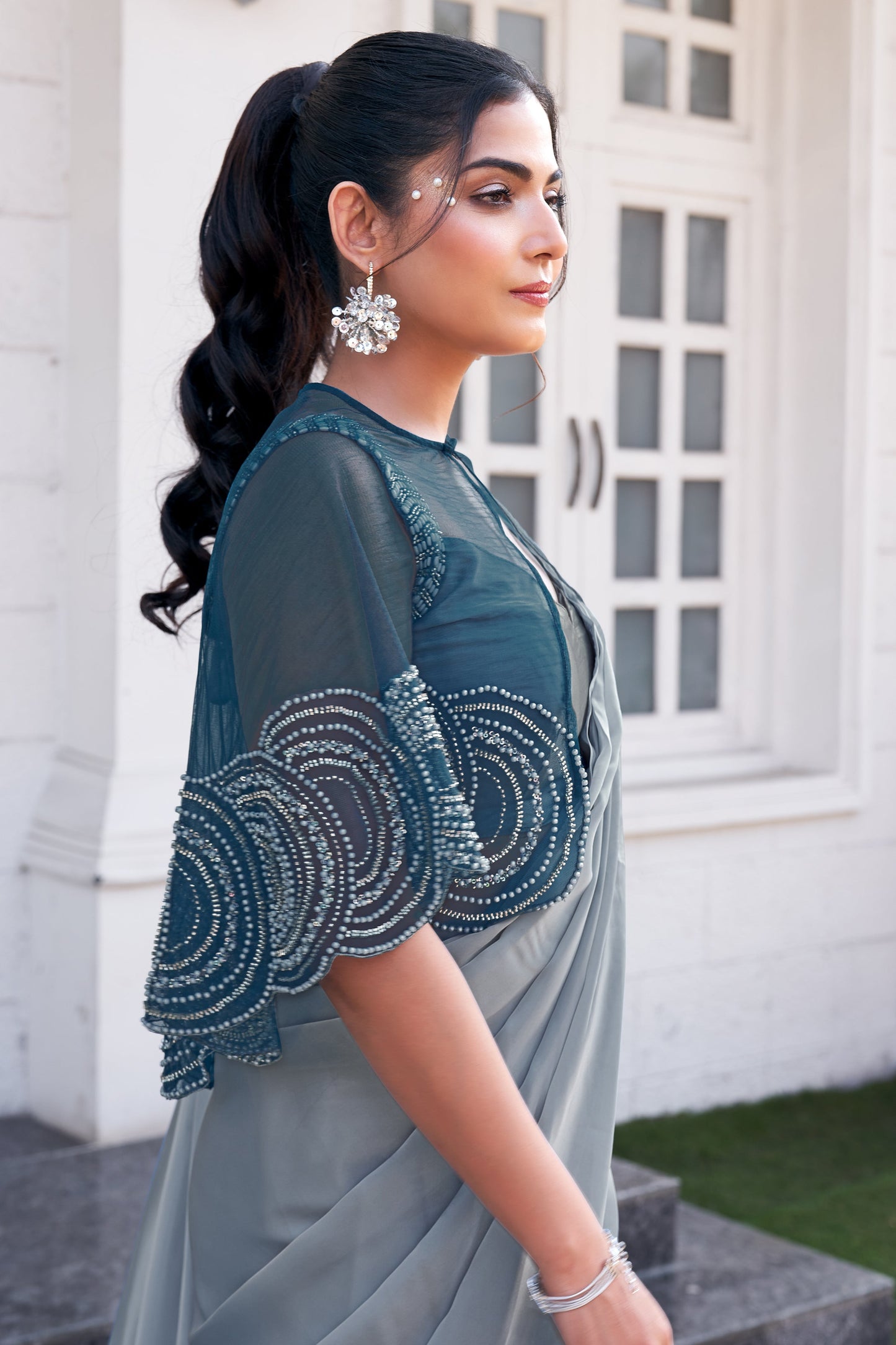 Grey Satin Silk Readymade Saree with Stitched Blouse-ZB133990_2_SareeButa.com