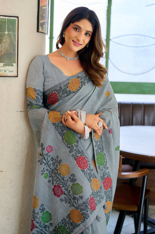 Grey Woven Linen Saree-SAR12731_2_SareeButa.com