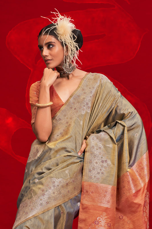 Grey Woven Tussar Silk Saree-ZB134055_2_SareeButa.com