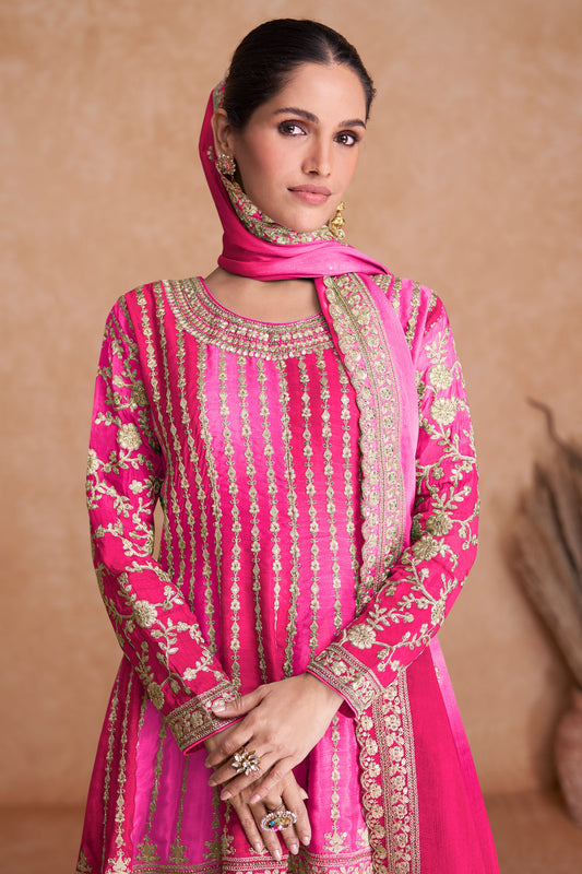 Hot Pink Readymade Embroidered Chinon A-line Suit-SAR10795_2_SareeButa.com