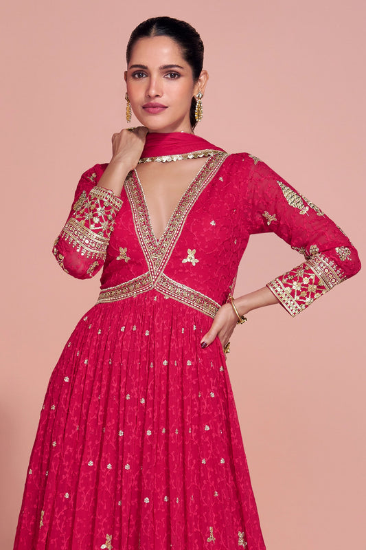 Hot Pink Readymade Georgette Gown With Dupatta-SAR10923_2_SareeButa.com