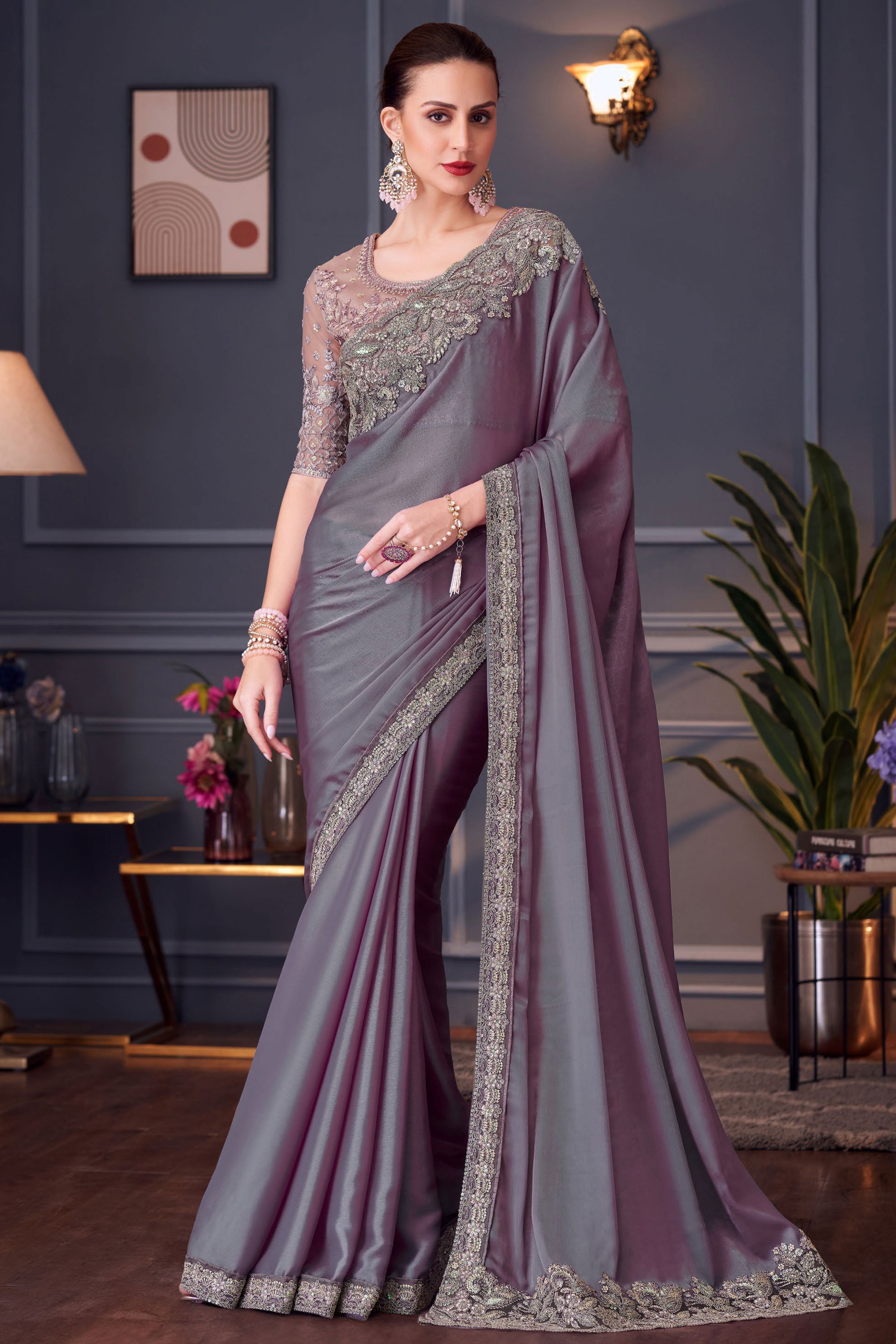 Lavender Embroidered Chiffon Saree main image 1