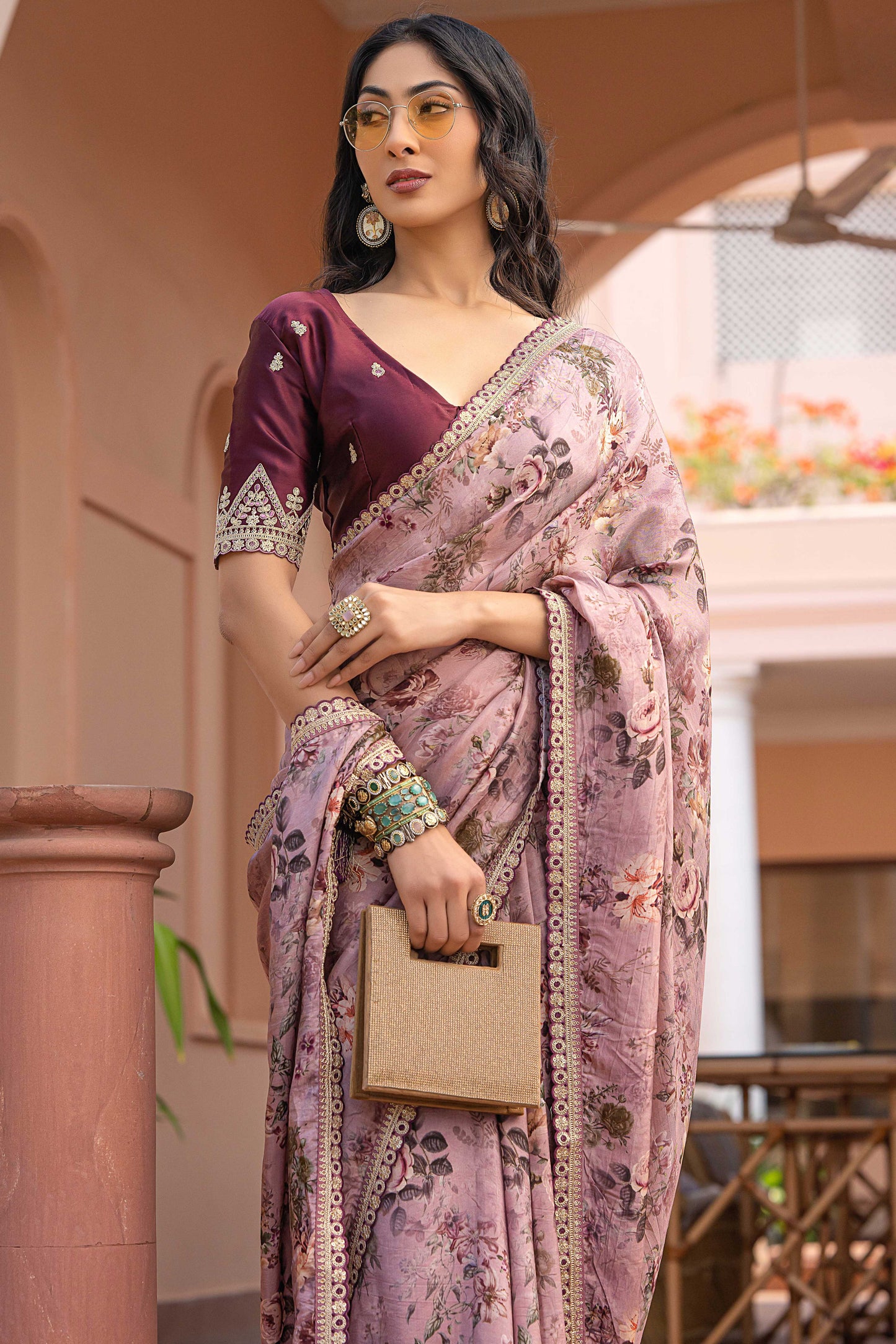 Lavender Printed Viscose Silk Saree with Lace Border-ZB134628_4_SareeButa.com