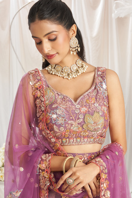 Lavender Semi-Stitched Embroidered Organza Lehenga-SAR12835_2_SareeButa.com